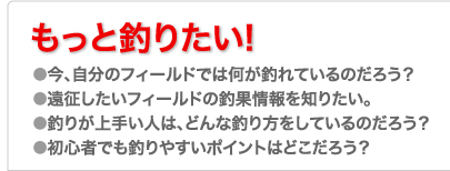 もっと釣りたい! ●今、自分のフィールドでは何が釣れているのだろう？ ●遠征したいフィールドの釣果情報を知りたい。 ●釣りが上手い人は、どんな釣り方をしているのだろう？ ●初心者でも釣りやすいポイントはどこだろう？